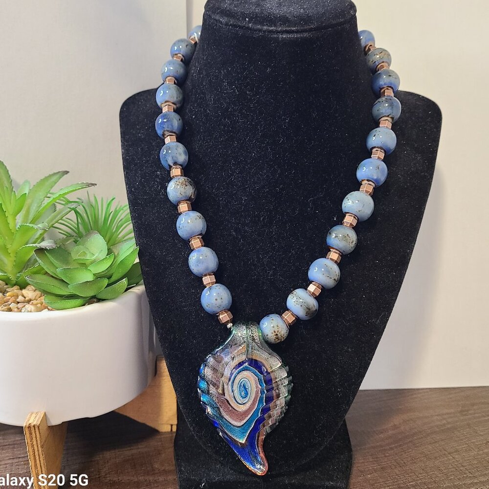 Handcrafted Glass Beads Bib Blue Tone Pendant Necklace NEW Ladies Statement